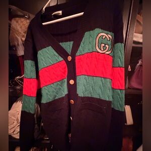 Fashion  insprd Black Cardigan with Green and Red Stripe Detailing